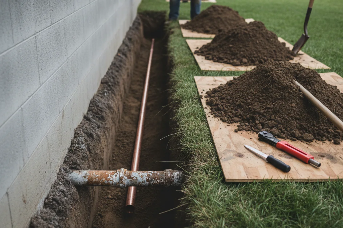 Excavated water line trench during Sewer Line Repair in Huntingdon Valley